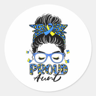Proud T21 Aunt Leopard Messy Bun Down Syndrome Awa Classic Round Sticker