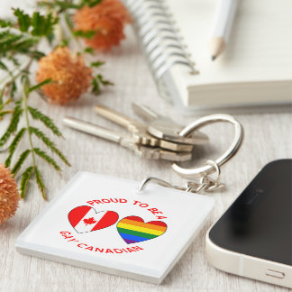 Proud to be a Gay Canadian Hearts USA Canada Flags Key Ring