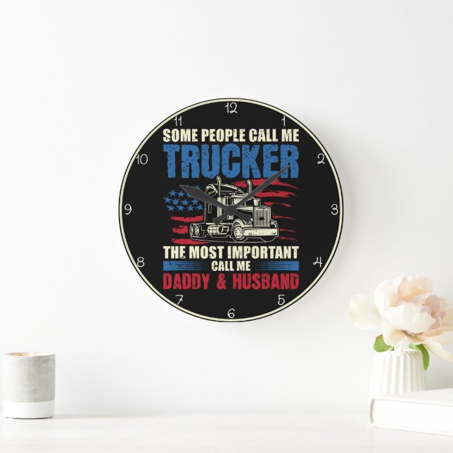 Proud Trucker, Daddy, Husband Large Clock (Home)