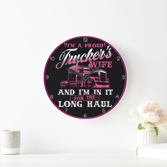 Proud Trucker's Wife: Pink Long Haul Large Clock (Home)