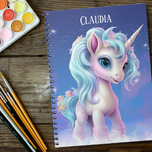 Proud Unicorn blue sky, clouds and stars & name Notebook