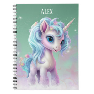 Proud Unicorn green sky, clouds and stars & name Notebook