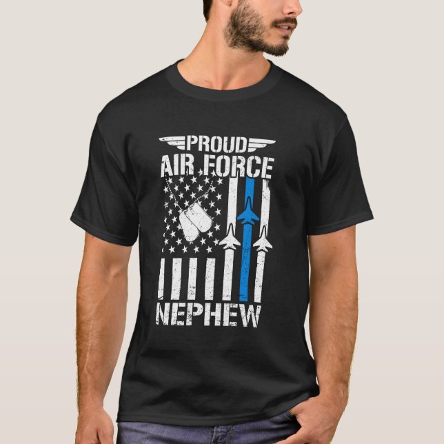 Proud US Air Force Nephew USAF Veteran Flag Americ T-Shirt (Front)