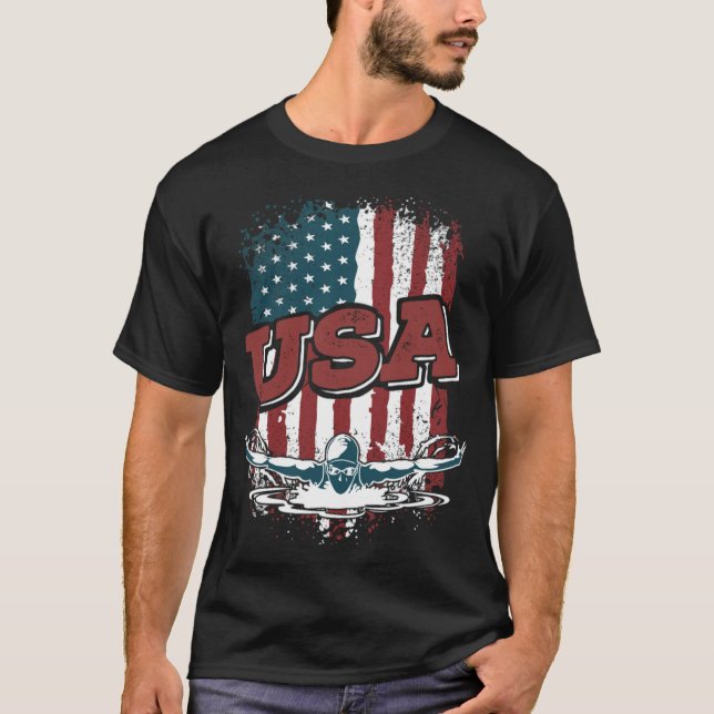 Proud USA Flag Swimming Swim Aquatic Sport female  T-Shirt (Front)