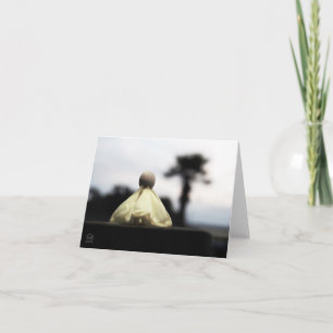 Proud wooden figurine on catwalk in yellow dress. thank you card