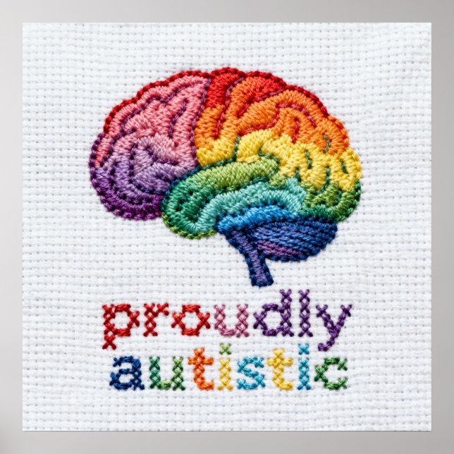Proudly Autistic Embroidered Rainbow Brain Design  Poster (Front)