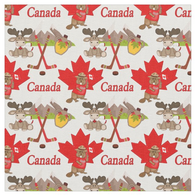Proudly Canadian Beaver Moose Fabric Small Print (Close Up)