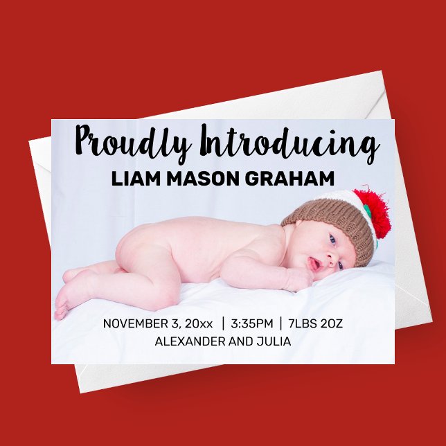 Proudly Introducing Birth Announcement (Modern Script Proudly Introducing Photo Birth Announcement Card)
