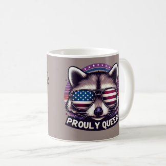 Proudly Queer Racoon with American Flag Sunglasse Coffee Mug
