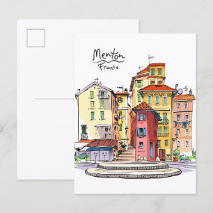 Provencal Houses Menton France Illustration Travel Postcard
