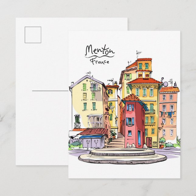 Provencal Houses Menton France Illustration Travel Postcard (Front/Back)