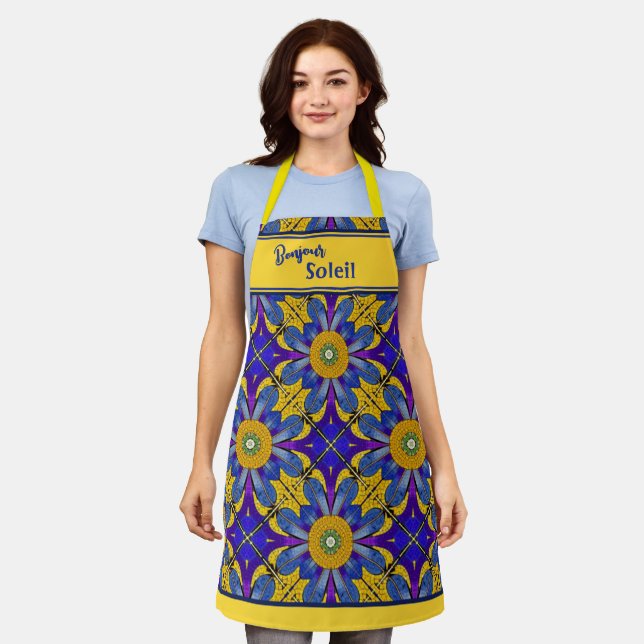 Provencal Kitchen Blue & Yellow - Bonjour Soleil Apron (Worn)