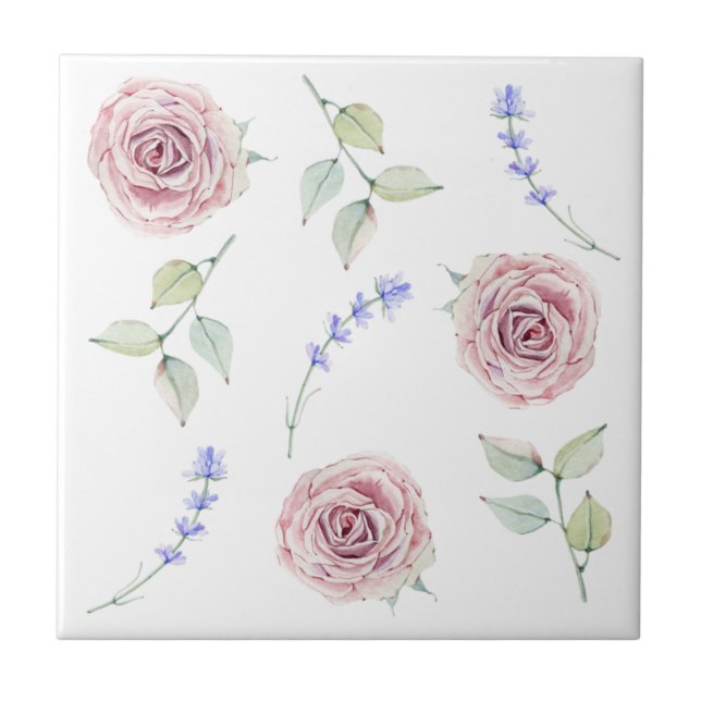 Provence Roses, Lavender, and Leaves Seamless Ceramic Tile (Front)