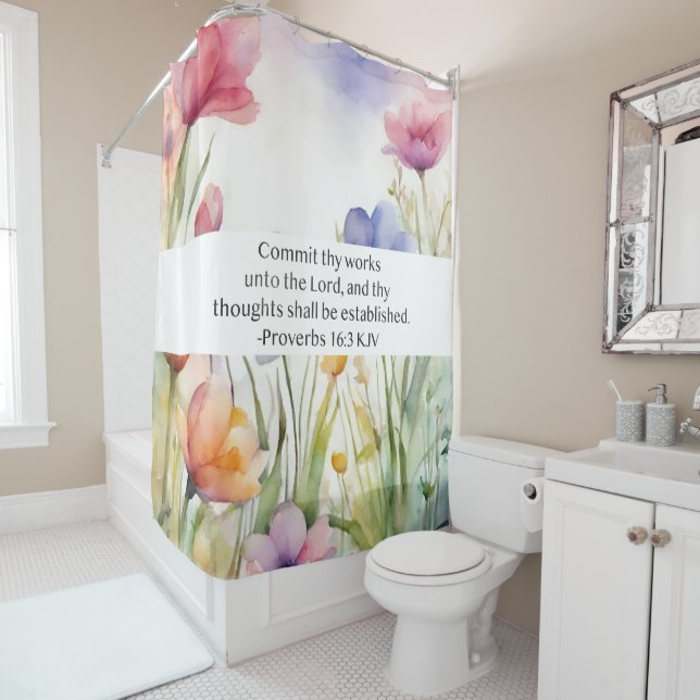 Proverbs 16:3 KJV Commit Thy Works Scripture Shower Curtain (In Situ)