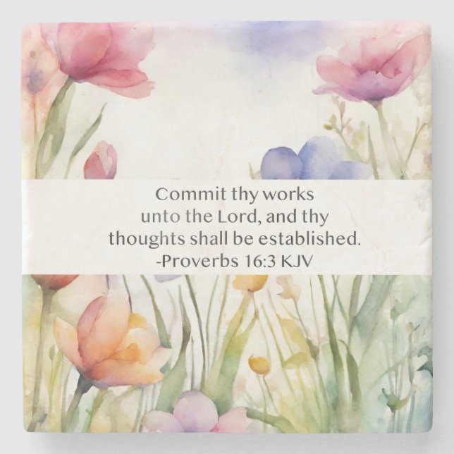 Proverbs 16:3 KJV Commit Thy Works Scripture Stone Coaster (Front)