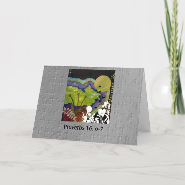 Proverbs 16: 6-7 illustrated on Braille Card (Front)