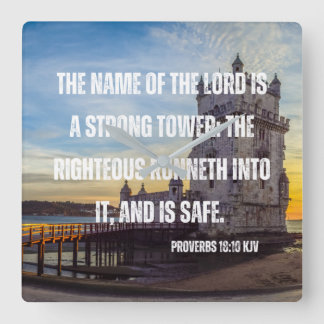 Proverbs 18:10 Bible Verse Square Wall Clock
