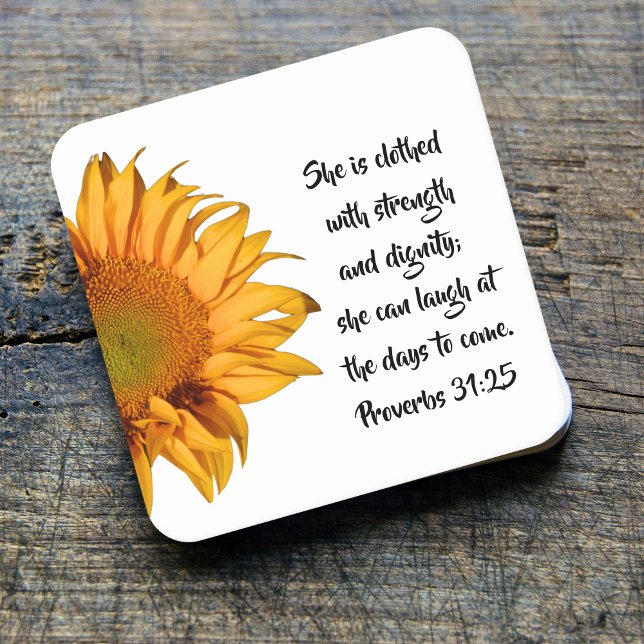 Proverbs 31:25 Bible Verse Half Sunflower Custom Square Paper Coaster (Creator Uploaded)