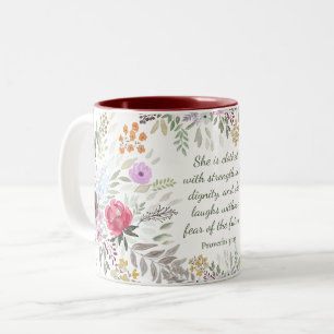 Proverbs 31:25 Bible Verse Watercolor floral  Two-Tone Coffee Mug