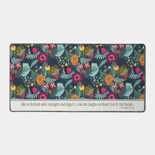 Proverbs 31:25 Blue Abstract Floral Desk Mat