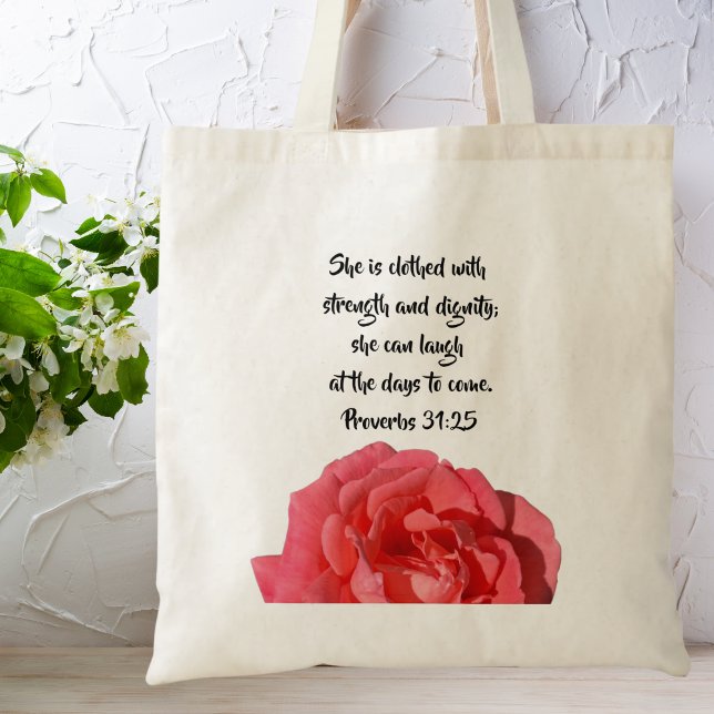 Proverbs 31:25 Custom Bible Verse Rose Tote Bag (Creator Uploaded)