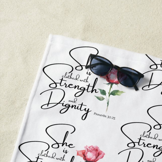 Proverbs 31:25 Flower Bible Verse Seamless Pattern Beach Towel (In Situ)