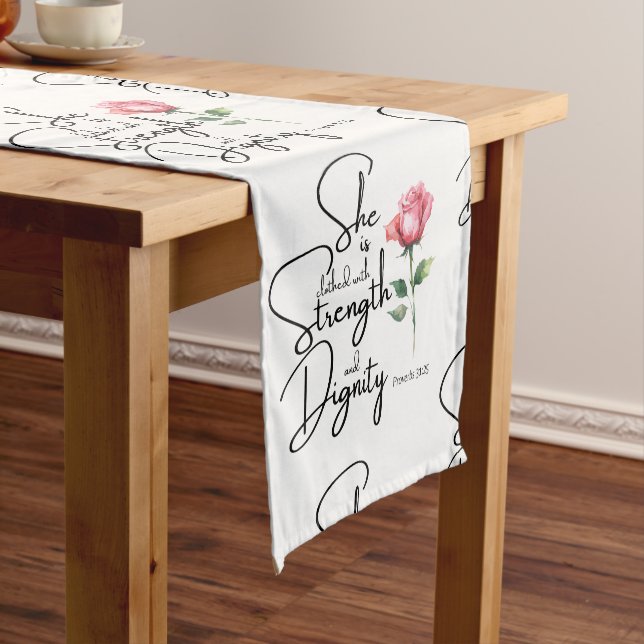 Proverbs 31:25 Flower Bible Verse Seamless Pattern Short Table Runner (In Situ)