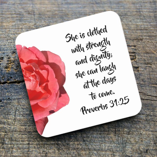 Proverbs 31:25 Red Rose Christian Square Paper Coaster (Creator Uploaded)