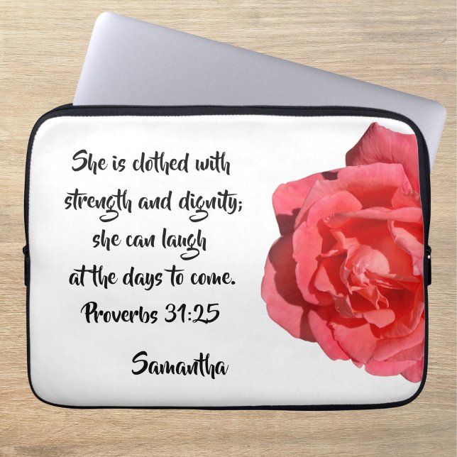 Proverbs 31:25 Red Rose Custom Bible Verse Laptop Sleeve (Creator Uploaded)