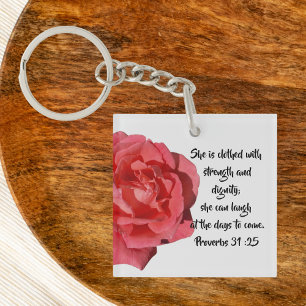 Proverbs 31:25 Red Rose Custom Christian Key Ring