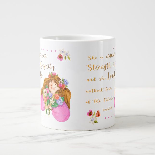 Proverbs 31:25 She is clothed with strength  Large Coffee Mug (Front)