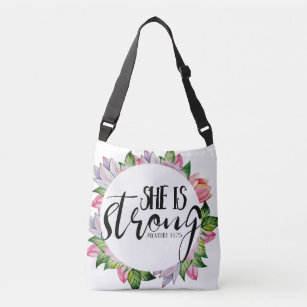 Proverbs 31:25 She is Strong Watercolor Floral Crossbody Bag