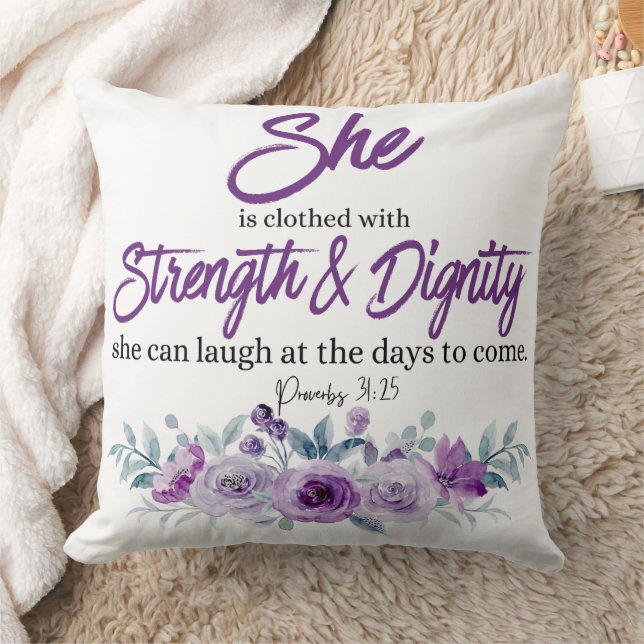 Proverbs 31:25 Strength and Dignity Purple Flower  Cushion (Blanket)
