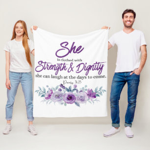 Proverbs 31:25 Strength and Dignity Purple Flower Fleece Blanket