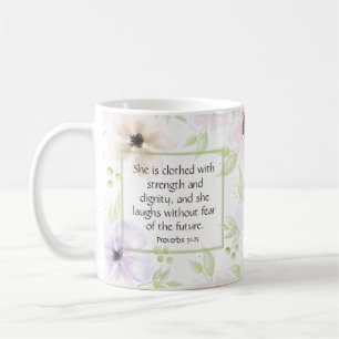 Proverbs 31:25 Watercolor Floral Scripture Coffee Mug