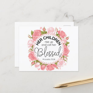 Proverbs 31:28 Mother's Day Scripture Pink Flowers Postcard