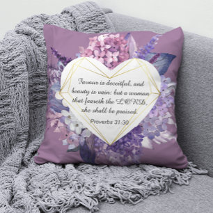 Proverbs 31 Bible Quote Purple floral heart Cushion
