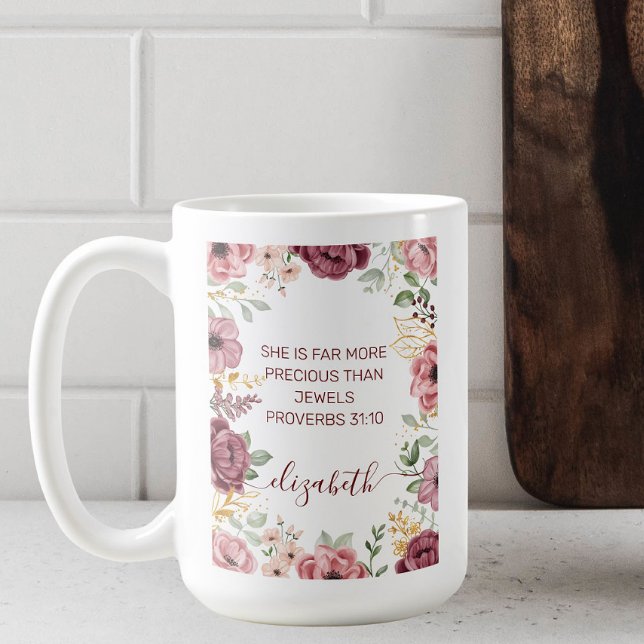 Proverbs 31 Elegant pastel pink flower scripture Coffee Mug (Creator Uploaded)