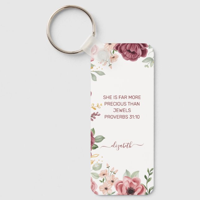 Proverbs 31 Elegant pastel pink flower scripture  Key Ring (Front)