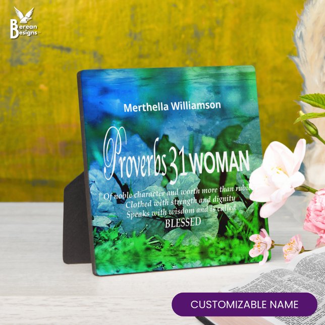 Proverbs 31 Inspirational Christian Plaque (Pretty PROVERBS 31 floral Christian plaque in blue. Ideal personalized Mother's Day gift for Moms)