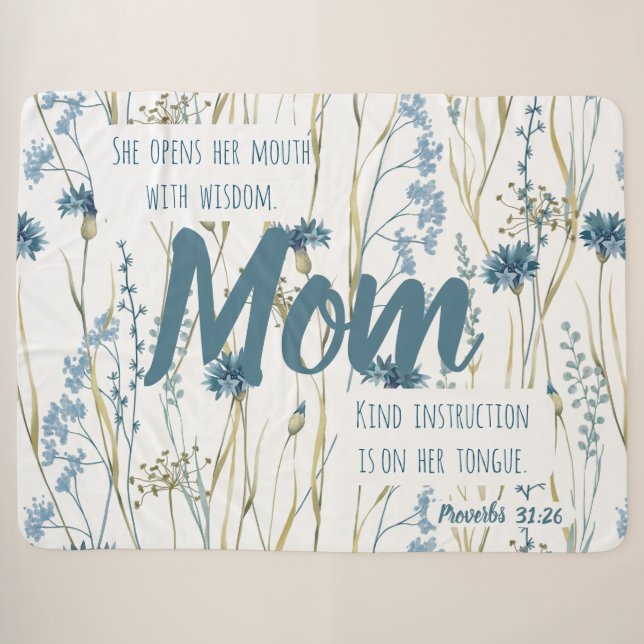 Proverbs 31 Mum Blue & Gold Flowers Sherpa Blanket (Front (Horizontal))