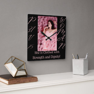 Proverbs 31 Woman Black & Pink Square Wall Clock