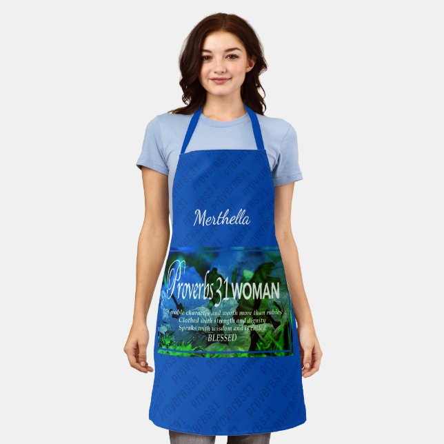 PROVERBS 31 WOMAN | Floral | BLUE Personalised Apron (Worn)
