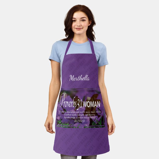 PROVERBS 31 WOMAN | Floral | PURPLE Personalised Apron (Worn)