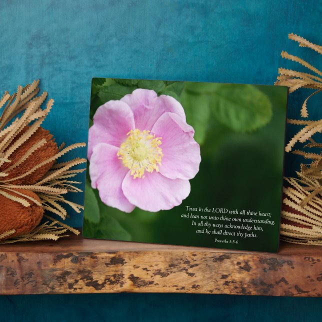 Proverbs 3:5-6 Christian Bible Verse Pink Flower Plaque (Side)