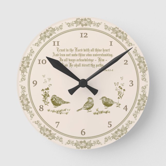 Proverbs 3:5-6 Wall Clock with Birds, Flowers (Front)
