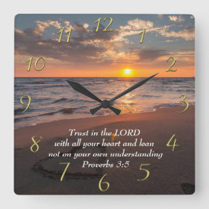 Proverbs 3:5 Christian ocean with a sunset   Square Wall Clock
