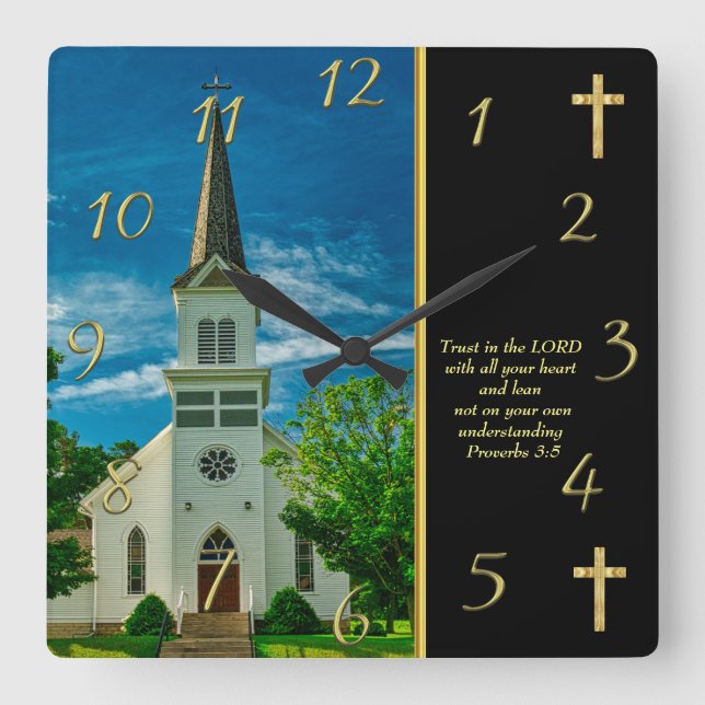 Proverbs 3:5 White Church  Square Wall Clock (Front)
