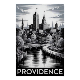 Providence Rhode Island Black White Woodcut Poster