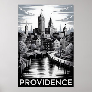 Providence Rhode Island Black White Woodcut Poster